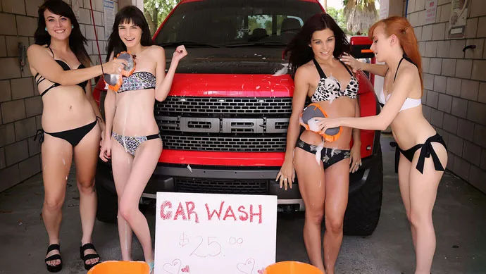Car Wash! Chloe Skyy, Brooke Benson, Andi Page, & Lizzy Lamb - Public Handjobs